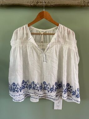 Max Studio White Peasant Tunic with Blue Floral Embroidery